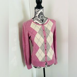 Talbots Women’s Lilac Argyle Diamond Pure Italian Merino Cardigan Sweater